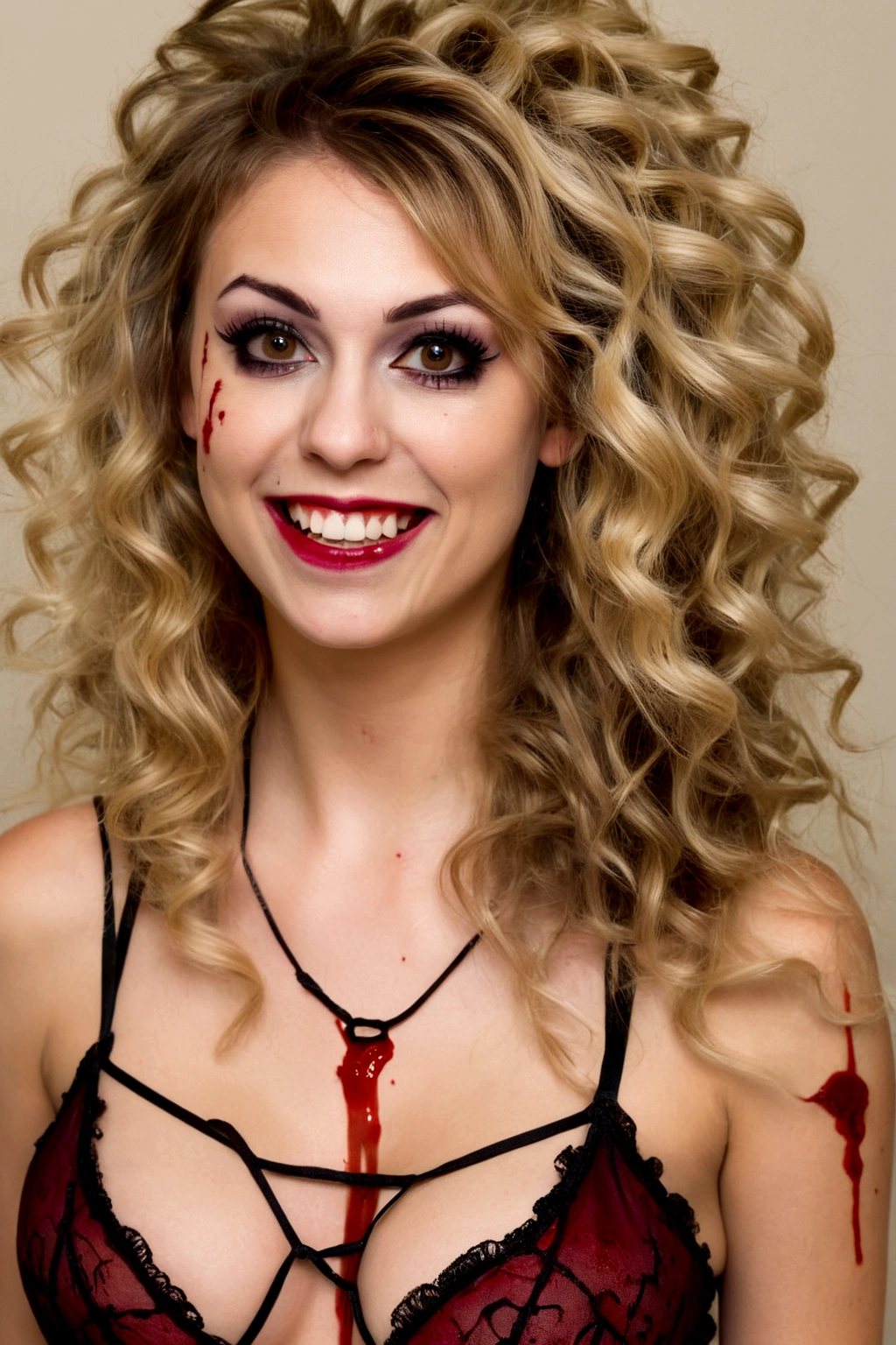  (age 25)  psycho ex girlfriend  (crazy makeup, crazy hair, strappy tattered lingerie, jagged tools), smile teeth showing, large crazy eyes, blood spattered bedroom, blood splattered over body,
