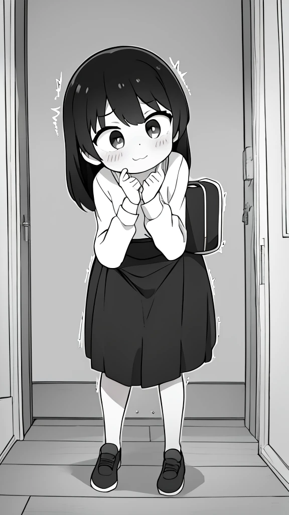 cute girl, farting, black and white, leaning forward, standing, leaning towards camera, front view, 1 girl in focus