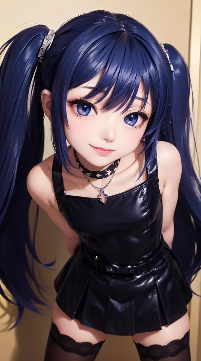 (masterpiece:1.3), (Best Quality:1.3), (Ultra-detailed:1.2), ((kawaii)), Cute, (lovely), ((sexy)), ((Extremely detailed)), 4K, (8K), Best Quality, (Beautiful), Illustration, anime style, (bold line:1.2), Gradation, looking at viewer, //, (bent down:1.1), (arms behind back), //, a cute girl, 1girl, (solo:1.2), gleaming skin, //, (flat chested), (Perfect eyes:1.2), (Perfect iris:1.2), //, darkblue hair color, (beautiful eyes) //, (half closed eyes:1.3), (sexual expression:1.2), Fascinated expression, smile, (blush:1.2), //, modern city background, on rock, twin tails, muscle girl, hard abs, exposed abs, NECKLACE, gothic dress, skirt