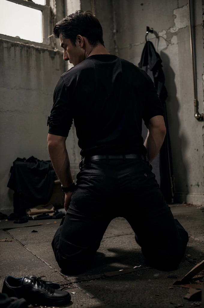 a spy, dressed in black shirt and dark pants, kneels on the floor. he is tied up with ropefirmly. his hands are fastened behind his back. he wears dark socks but has had his shoes removed. there is debris. a black cloth covers his eyes. His back is to the POV