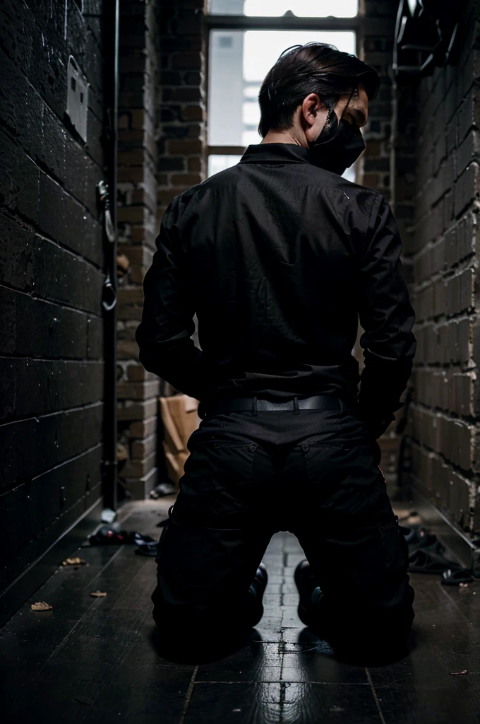a spy, dressed in black shirt and dark pants, kneels on the floor. he is tied up with ropefirmly. his hands are fastened behind his back. he wears dark socks but has had his shoes removed. there is debris. a black cloth covers his eyes. His back is to the POV