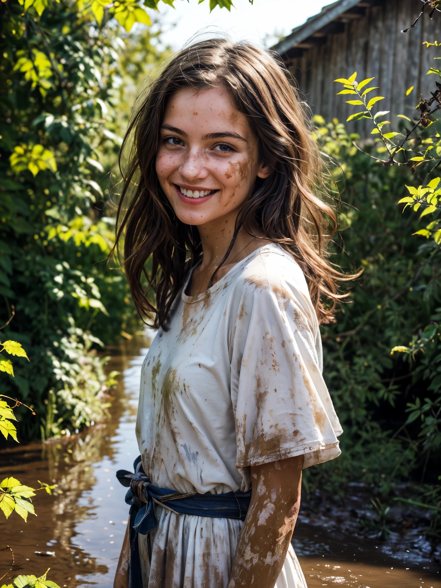 1girl, greek dress, detailed face, looking at viewer, smile, flooding puddle, (wild shrubs:1.2), small rickety hut, outdoor, direct sunlight, natural light, photorealistic, cinematic lighting, dirty muddy clothes,