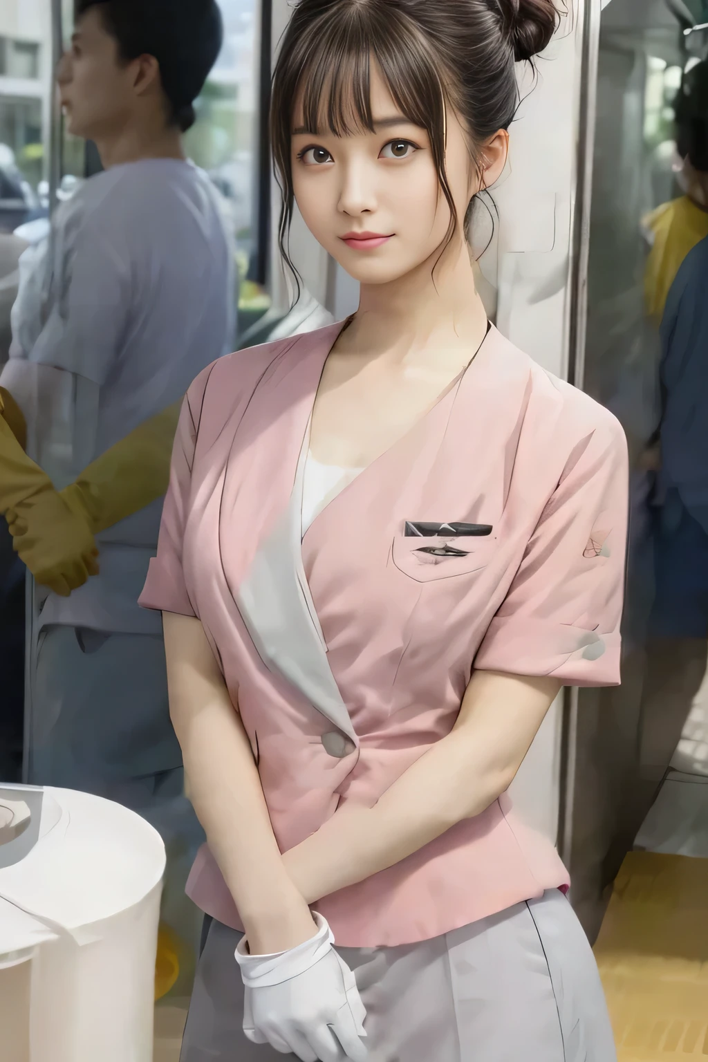(masterpiece:1.2, Highest quality:1.2), 32k HDR, High resolution, (alone、1 girl)、(On the rooftop of a building in the daytime、Professional Lighting)、Building rooftop background、(Nankai train crew uniform pinkを着たリアルスタイル)、(Nankai train crew uniform pink short sleeve collarless pink jacket、Nankai Train Crew Uniform Pink Collarless Short Sleeve Blouse、Nankai Train Crew Uniform Pink Grey Knee-length Culottes)、((The bottom of the pink short-sleeved jacket cannot be tucked into the clay-colored culottes.))、Dark brown hair、(Hair tied up、Hair Bun、Hair Bun)、Dark brown hair、Long Shot、Big Breasts、Thin legs、((Great hands:2.0)),((Harmonious body proportions:1.5)),((Normal limbs:2.0)),((Normal finger:2.0)),((Delicate eyes:2.0)),((Normal eyes:2.0)))、(Nankai Train Crew Uniform Pink Grey Knee-length Culottesを見せた美しい立ち姿)、smile