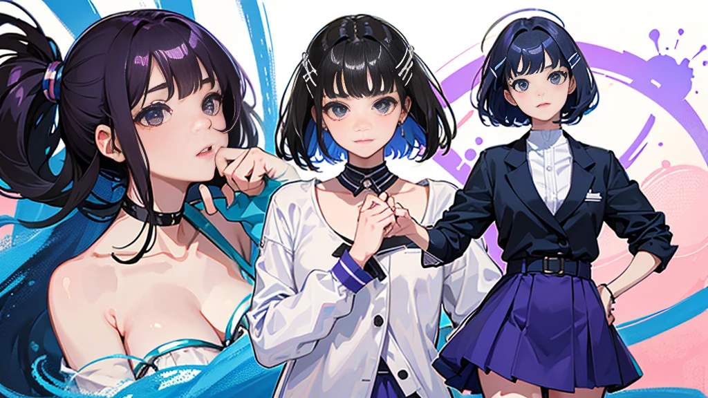 Top Quality, 8K, 4K, High Definition, Detail, (better-quality, 8K, 12), top-quality, 1 girl、purple short bob hair clip tied into a bun、black eyes、small breasts、uniform、gray jacket with pink line、blue skirt、 fingerless gloves、thighs、Ilcha fousing on her, surprise face, having her handon her face, making cute expressing face. picture pose, she is standing up, she has a loil pop in her mouth, she up close only showing her wraist and up.