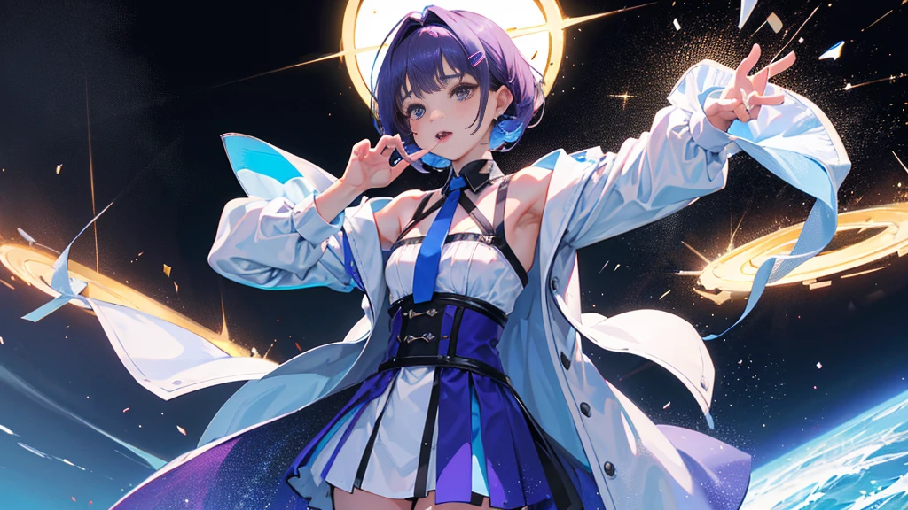 Top Quality, 8K, 4K, High Definition, Detail, (better-quality, 8K, 12), top-quality, 1 girl、purple short bob hair clip tied into a bun、black eyes、small breasts、uniform、gray jacket with pink line、blue skirt、 fingerless gloves、thighs、Ilcha fousing on her, surprise face, having her handon her face, making cute expressing face. picture pose, she is standing up, she has a loil pop in her mouth, she up close only showing her wraist and up.