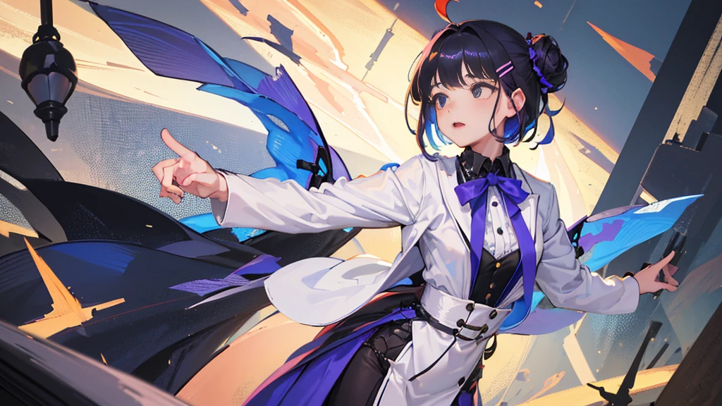 Top Quality, 8K, 4K, High Definition, Detail, (better-quality, 8K, 12), top-quality, 1 girl、purple short bob hair clip tied into a bun、black eyes、small breasts、uniform、gray jacket with pink line、blue skirt、 fingerless gloves、thighs、Ilcha fousing on her, surprise face, having her handon her face, making cute expressing face. picture pose, she is standing up, she has a loil pop in her mouth, she up close only showing her wraist and up.