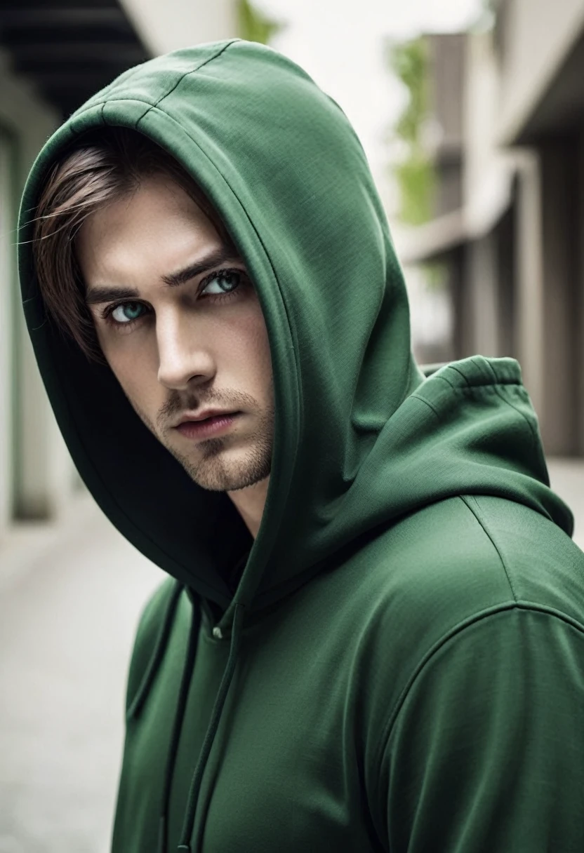 Stalker maniac, brown hair, green eyes, sinister, man, hoodie