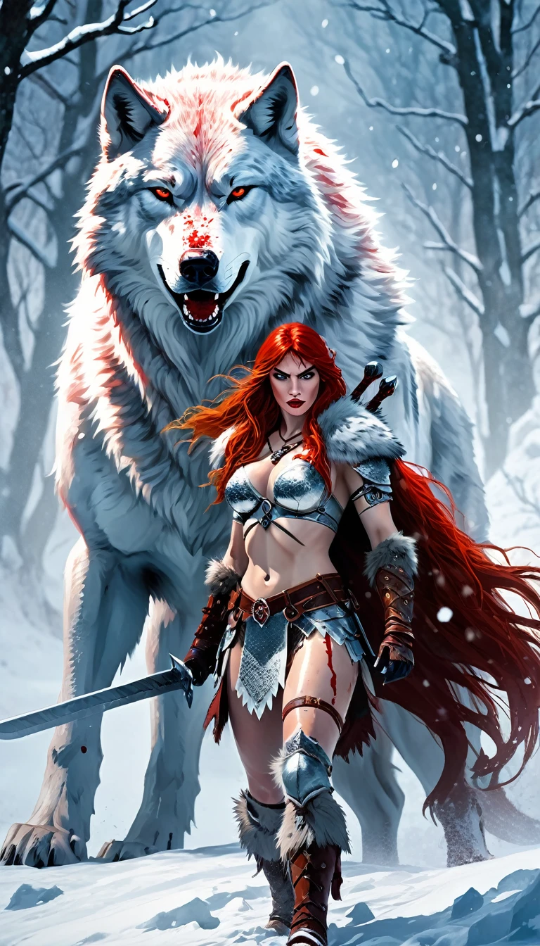A fierce redhead warrior, Red Sonja, with her companion a huge giant wolf in a snowy landscape, blood stains on the pristine white snow (best quality, 4k, 8k, high resolution, masterpiece: 1.2), ultra detailed,,vivid colors,bokeh,portraits,concept art,dramatic lighting,cold tones,snow, ice, winter, art inspired by Bill Sienkiewicz