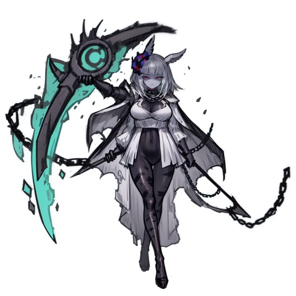 1girl, hero equipment, legendary costume, weapon, sfw, nice clothes, (masterpiece, anatomically correct, high detail, high quality, 8k), medium breasts, pale skin, white hair, burn marks, red chains, cursed
