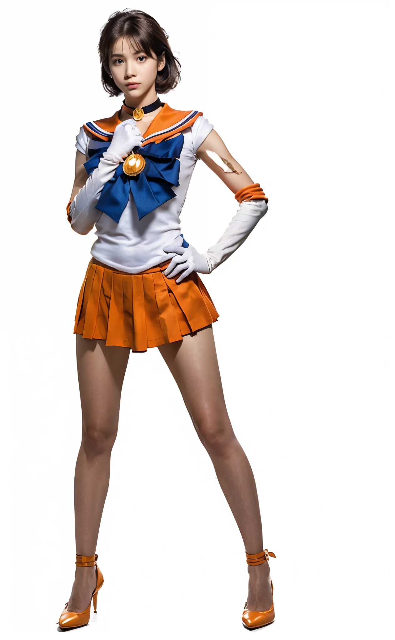 Draw the whole body、Wearing Sailor Venus costume、Costume that fits the body、Accentuate your body lines、Faithful to the original image、Beautiful face of a 20-year-old girl、Delicate hands、sv1、Sailor Warrior Uniforms、Orange Skirt、Elbow Handbags、Tierra、Orange Sailor Collar、Red Bow、Orange Choker、White gloves、gem、fly in the sky、From memory、(Sharp focus、Eye focuasterpiece、Highest quality、Realistic details、Clear images、Realistic、High resolution)