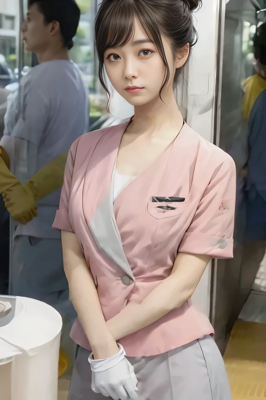 (masterpiece:1.2, Highest quality:1.2), 32k HDR, High resolution, (alone、1 girl)、(On the rooftop of a building in the daytime、Professional Lighting)、Building rooftop background、(Nankai train crew uniform pinkを着たリアルスタイル)、(Nankai train crew uniform pink short sleeve collarless pink jacket、Nankai Train Crew Uniform Pink Collarless Short Sleeve Blouse、Nankai Train Crew Uniform Pink Grey Knee-length Culottes)、((The bottom of the pink short-sleeved jacket cannot be tucked into the clay-colored culottes.))、Dark brown hair、(Hair tied up、Hair Bun、Hair Bun)、Dark brown hair、Long Shot、Big Breasts、Thin legs、((Great hands:2.0)),((Harmonious body proportions:1.5)),((Normal limbs:2.0)),((Normal finger:2.0)),((Delicate eyes:2.0)),((Normal eyes:2.0)))、(Nankai Train Crew Uniform Pink Grey Knee-length Culottesを見せた美しい立ち姿)、smile