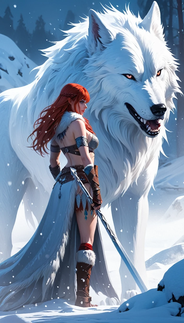 A fierce redhead warrior, Red Sonja, with her companion a huge giant wolf in a snowy landscape, blood stains on the pristine white snow (best quality, 4k, 8k, high resolution, masterpiece: 1.2), ultra detailed,,vivid colors,bokeh,portraits,concept art,dramatic lighting,cold tones,snow, ice, winter, art inspired by Bill Sienkiewicz
