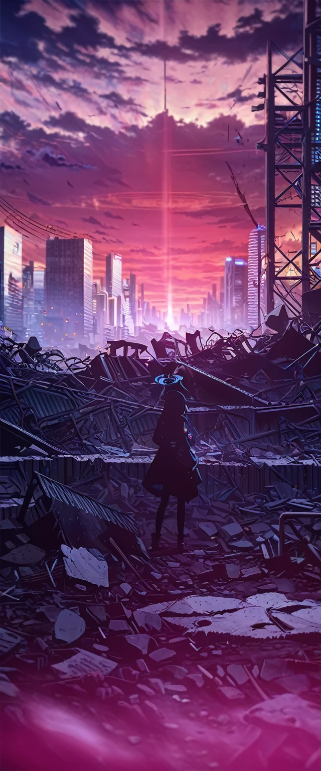 1girl, blue archive, cityscape, apocalyptic, red_sky, debris, billboards, japanese_text, anime_style, dramatic_lighting, urban, chaos, vibrant_colors, night, neon_signs, destruction, wide_shot, cloud_fragments, floating_debris, ominous_atmosphere, digital_art, official art, ((very aesthetic, best quality, ultra detailed)), vector art