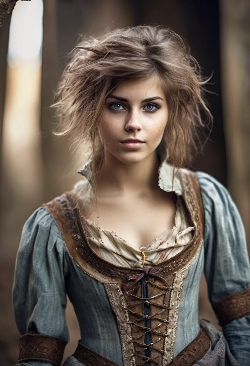 photorealistic, cute woman with messy hair and poor tattered clothes, beautiful sexy, (detailed medieval background), ultra sharp focus, detailed face, (((posing))), random hair color, short hair, pretty eyes, whole body, High quality analog color photography., depth of field, film grain