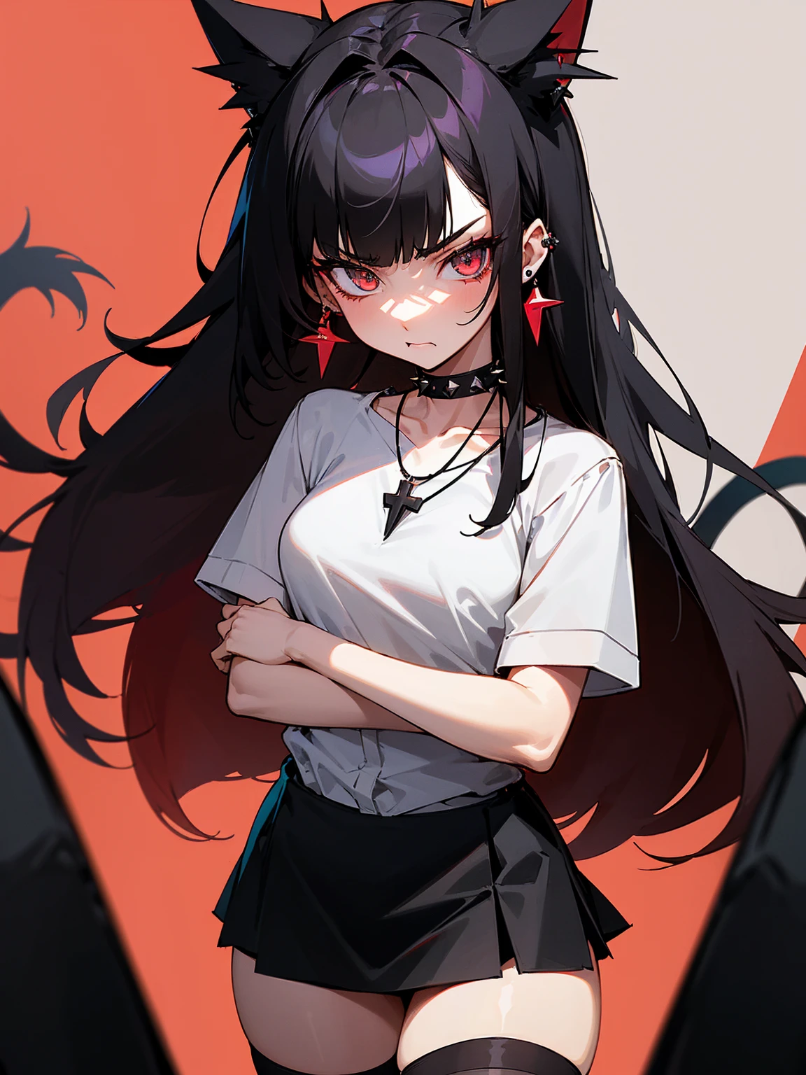 ((Long Straight Black hair)), Perfect face, Choker, Punk earrings, ((Tall)), ((High Quality)), Necklace, ((Mature)), Pretty Eyes, Sharp Nails, Bangs, ((1 Girl)), Hot, ((Multiple Earrings)), 1 girl, Beautiful, Sexy, Spiky Earrings, Adult, Spiked Collar, Thin Eyelashes, Plain Background, Red Colors in Background, Cat Girl, Long Tail, Large Tail, Massive Tail, Black Tail, ((Black Goth Mini Skirt)), ((White Shirt)), Close Up, Very Short Mini Skirt, Tall, Long Legs, Sexy Thigh Highs, ((Very Disgusted)), Angry,