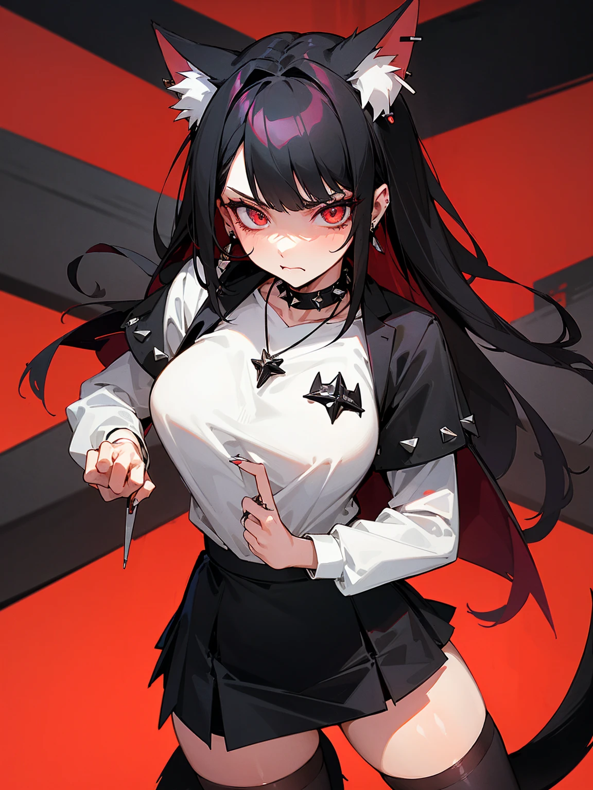 ((Long Straight Black hair)), Perfect face, Choker, Punk earrings, ((Tall)), ((High Quality)), Necklace, ((Mature)), Pretty Eyes, Sharp Nails, Bangs, ((1 Girl)), Hot, ((Multiple Earrings)), 1 girl, Beautiful, Sexy, Spiky Earrings, Adult, Spiked Collar, Thin Eyelashes, Plain Background, Red Colors in Background, Cat Girl, Long Tail, Large Tail, Massive Tail, Black Tail, ((Black Goth Mini Skirt)), ((White Shirt)), Close Up, Very Short Mini Skirt, Tall, Long Legs, Sexy Thigh Highs, ((Very Disgusted)), Angry,