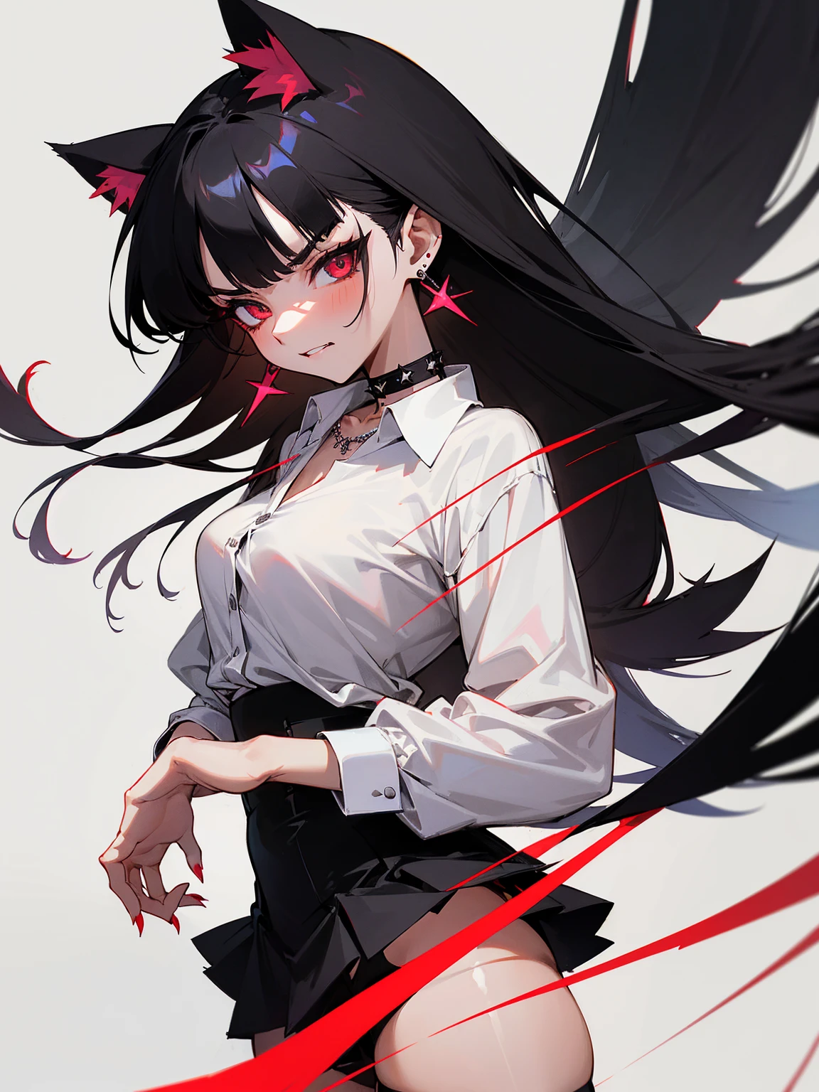 ((Long Straight Black hair)), Perfect face, Choker, Punk earrings, ((Tall)), ((High Quality)), Necklace, ((Mature)), Pretty Eyes, Sharp Nails, Bangs, ((1 Girl)), Hot, ((Multiple Earrings)), 1 girl, Beautiful, Sexy, Spiky Earrings, Adult, Spiked Collar, Thin Eyelashes, Plain Background, Red Colors in Background, Cat Girl, Long Tail, Large Tail, Massive Tail, Black Tail, ((Black Goth Mini Skirt)), ((White Shirt)), Close Up, Very Short Mini Skirt, Tall, Long Legs, Sexy Thigh Highs, ((Very Disgusted)), Angry,