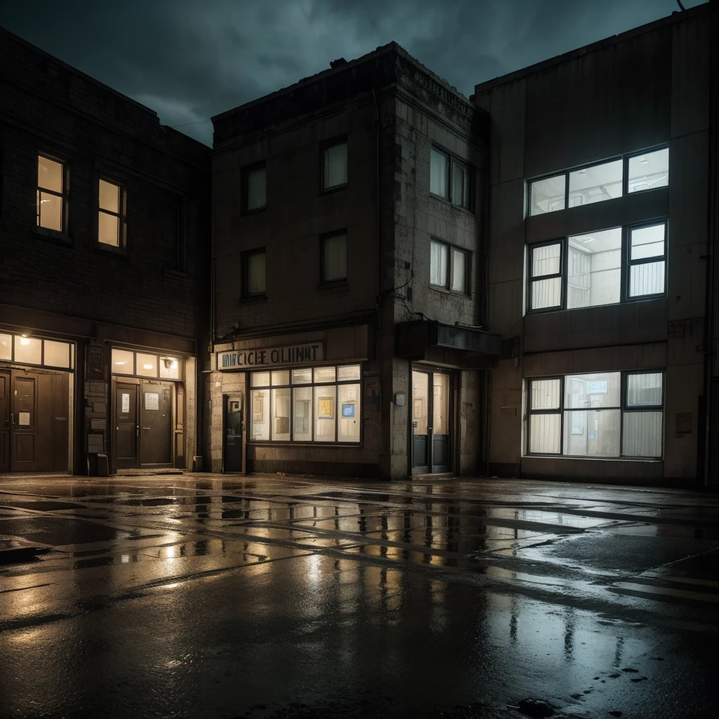 I imagine the front of a police station on a stormy, scary night. The police station is an old dark stone building, with small windows and iron bars. The facade is lit by a single dim, flickering streetlight, which casts ominous shadows over the surroundings. The rain falls heavily, creating shiny puddles on the worn asphalt of the street.
At the entrance to the police station, there is a lone police car, parked slightly crookedly as if it had been abandoned in a hurry. The car is covered in raindrops and reflects the dim lights of the streetlight, giving a feeling of desolation and abandonment. The light from the police station inside the building is dim, projecting a shadowy silhouette through the poorly drawn window curtains.
The walls of the police station are scarred from years of exposure to harsh weather and the wear and tear of time, with some areas peeling away and showing the gray concrete underneath. Faded 'Wanted' posters and community notices are tacked haphazardly to the exterior wall. The overall atmosphere conveys a sense of tension and mystery, as if something sinister is about to happen or has already occurred.