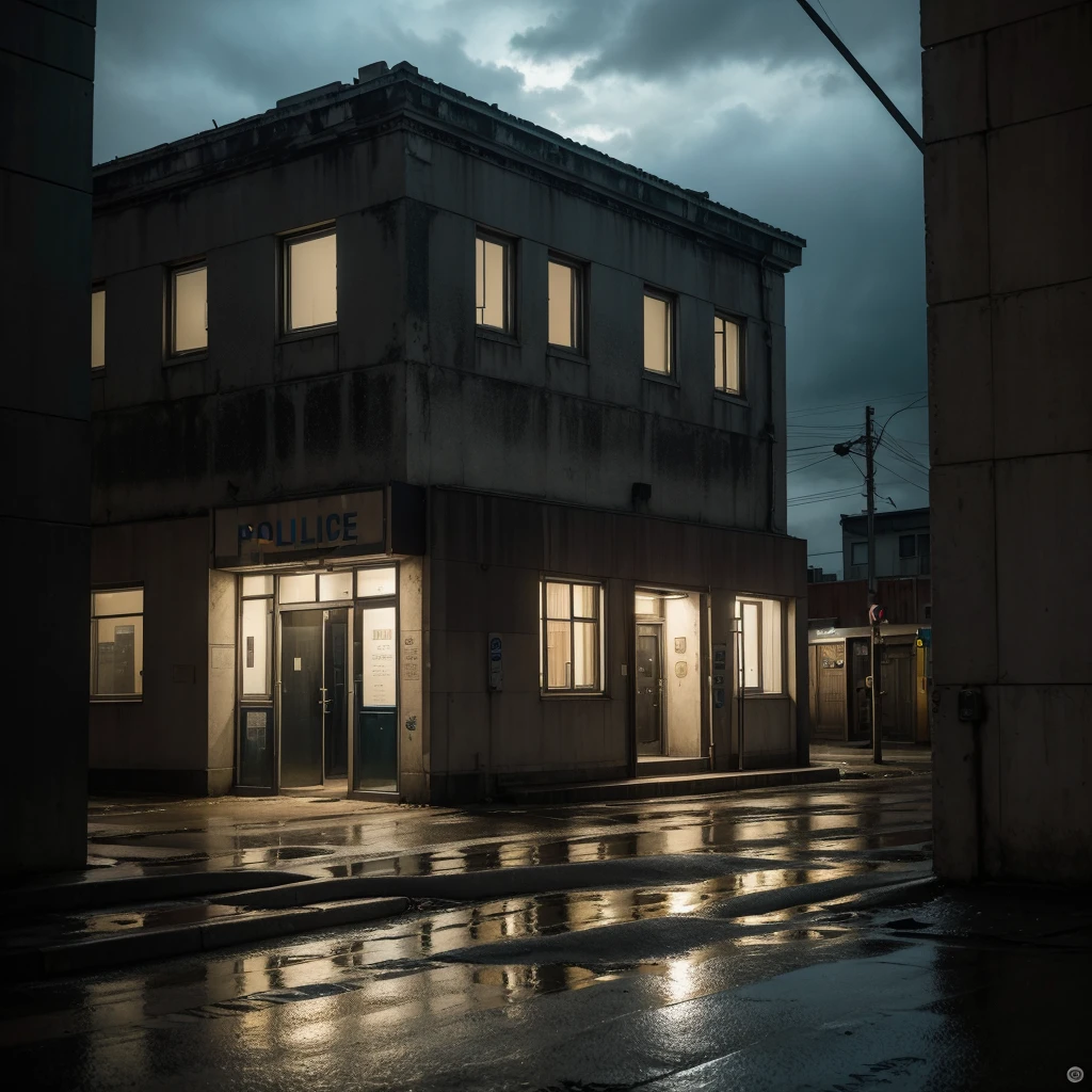 I imagine the front of a police station on a stormy, scary night. The police station is an old dark stone building, with small windows and iron bars. The facade is lit by a single dim, flickering streetlight, which casts ominous shadows over the surroundings. The rain falls heavily, creating shiny puddles on the worn asphalt of the street.
At the entrance to the police station, there is a lone police car, parked slightly crookedly as if it had been abandoned in a hurry. The car is covered in raindrops and reflects the dim lights of the streetlight, giving a feeling of desolation and abandonment. The light from the police station inside the building is dim, projecting a shadowy silhouette through the poorly drawn window curtains.
The walls of the police station are scarred from years of exposure to harsh weather and the wear and tear of time, with some areas peeling away and showing the gray concrete underneath. Faded 'Wanted' posters and community notices are tacked haphazardly to the exterior wall. The overall atmosphere conveys a sense of tension and mystery, as if something sinister is about to happen or has already occurred.