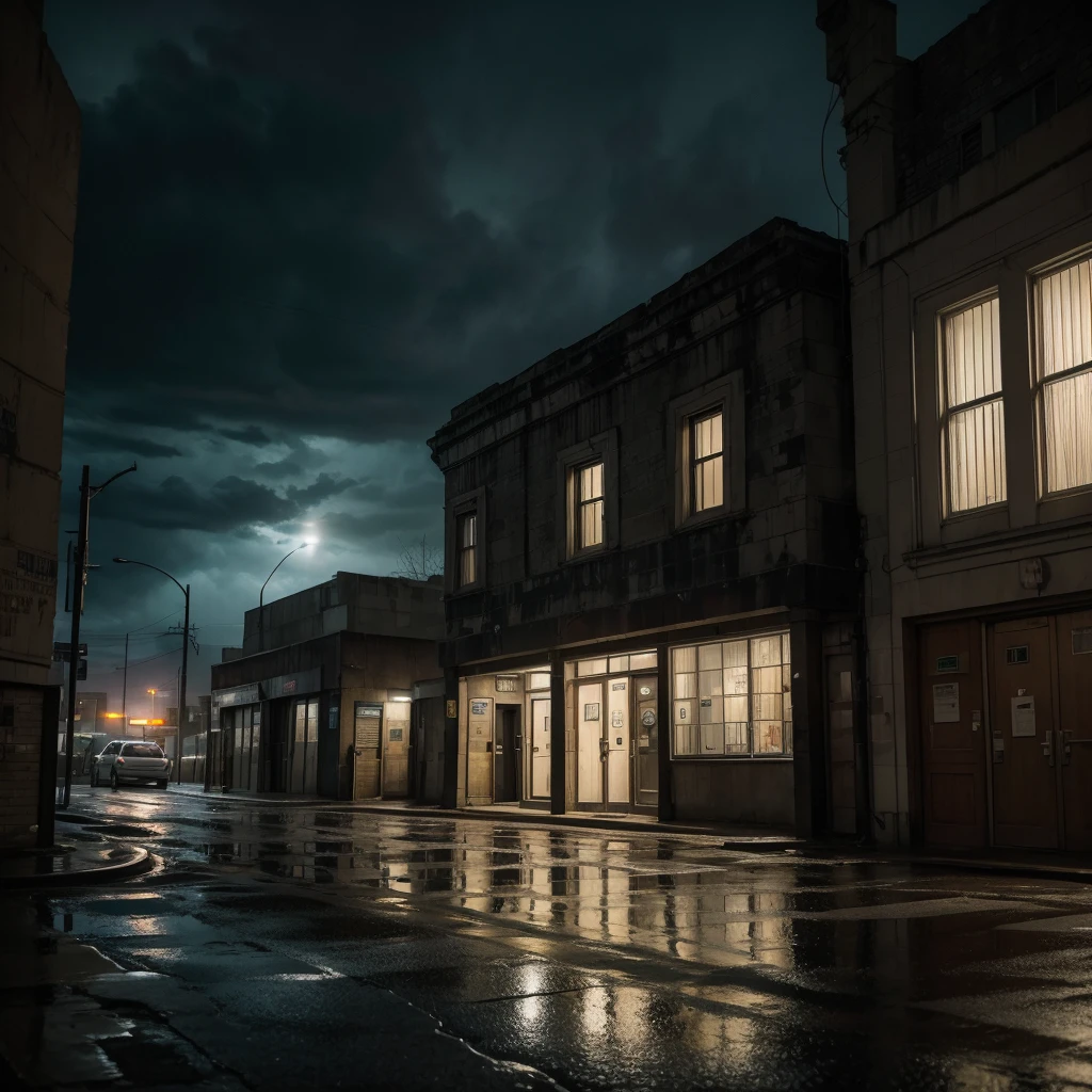 I imagine the front of a police station on a stormy, scary night. The police station is an old dark stone building, with small windows and iron bars. The facade is lit by a single dim, flickering streetlight, which casts ominous shadows over the surroundings. The rain falls heavily, creating shiny puddles on the worn asphalt of the street.

At the entrance to the police station, there is a lone police car, parked slightly crookedly as if it had been abandoned in a hurry. The car is covered in raindrops and reflects the dim lights of the streetlight, giving a feeling of desolation and abandonment. The light from the police station inside the building is dim, projecting a shadowy silhouette through the poorly drawn window curtains.

The walls of the police station are scarred from years of exposure to harsh weather and the wear and tear of time, with some areas peeling away and showing the gray concrete underneath. Faded 'Wanted' posters and community notices are tacked haphazardly to the exterior wall. The overall atmosphere conveys a sense of tension and mystery, as if something sinister is about to happen or has already occurred.