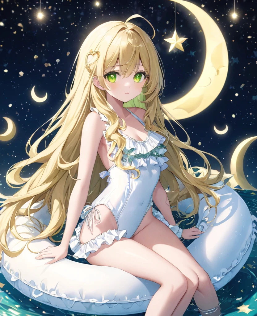 (masterpiece, best quality:1.2), (absurdres, highres, ultra-detailed), (perfect anatomy),
Beautiful woman、Night Pool、Riding on a cute float、Blonde、Fluffy longhair、Yellow-green eyes、Background glitter、night、Crescent Moon、heart、White frilly swimsuit
(8K, RAW photo:1.2),detailed face and eyes,intricate detail ,masterpiece ,sharp focus, high quality,BREAK,rating: general, newest