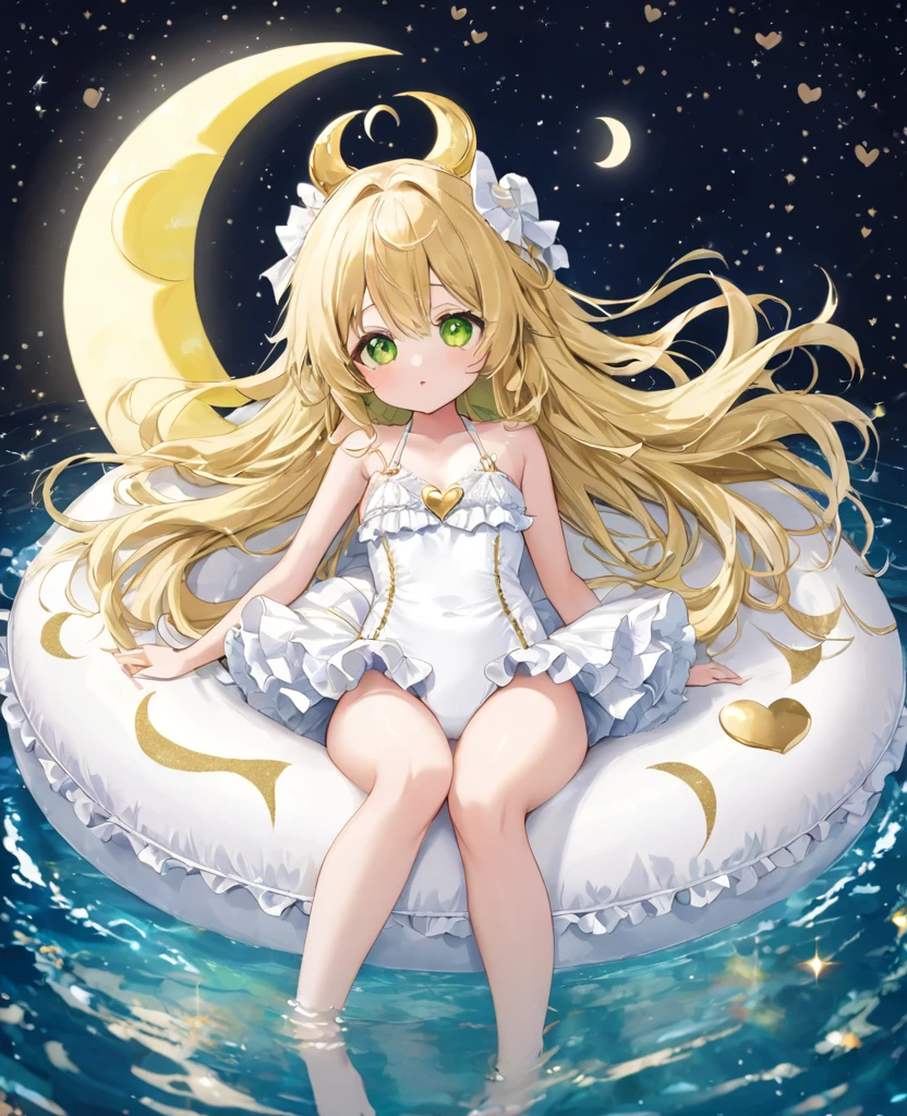 (masterpiece, best quality:1.2), (absurdres, highres, ultra-detailed), (perfect anatomy),
Beautiful woman、Night Pool、Riding on a cute float、Blonde、Fluffy longhair、Yellow-green eyes、Background glitter、night、Crescent Moon、heart、White frilly swimsuit
(8K, RAW photo:1.2),detailed face and eyes,intricate detail ,masterpiece ,sharp focus, high quality,BREAK,rating: general, newest