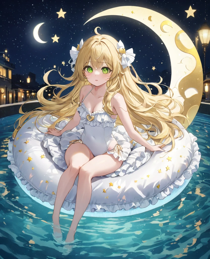 (masterpiece, best quality:1.2), (absurdres, highres, ultra-detailed), (perfect anatomy), 
Beautiful woman、Night Pool、Riding on a cute float、Blonde、Fluffy longhair、Yellow-green eyes、Background glitter、night、Crescent Moon、heart、White frilly swimsuit

(8K, RAW photo:1.2),detailed face and eyes,intricate detail ,masterpiece ,sharp focus, high quality,BREAK,rating: general, newest