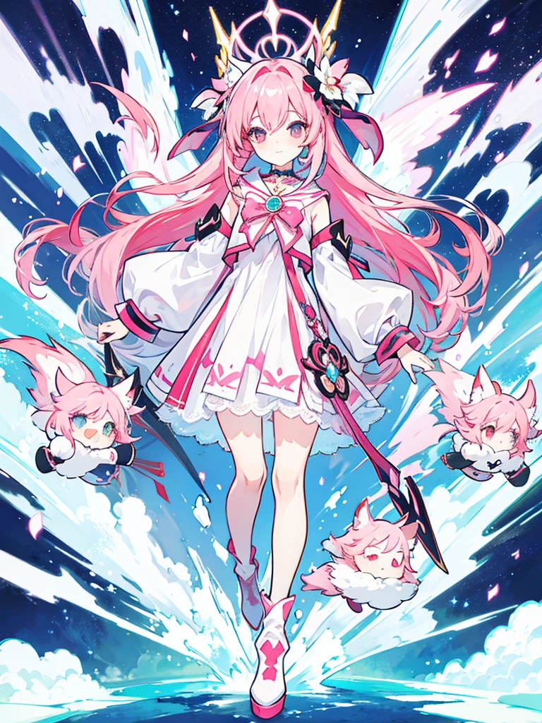 fantasy world girl with colorful hair, accessories, detailed clothes, pink hair, white and red clothes, socks, black boots 💙💜🩷🖤✨