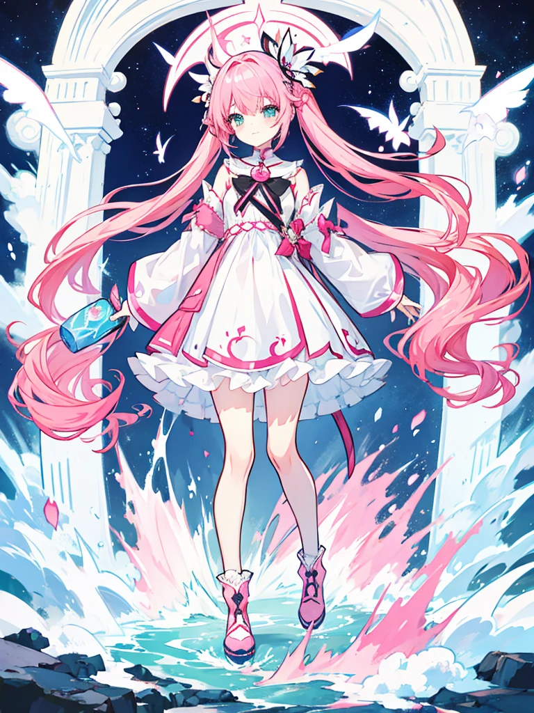fantasy world girl with colorful hair, accessories, detailed clothes, pink hair, white and red clothes, socks, black boots 💙💜🩷🖤✨