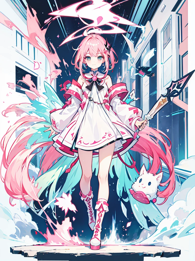 fantasy world girl with colorful hair, accessories, detailed clothes, pink hair, white and red clothes, socks, black boots 💙💜🩷🖤✨