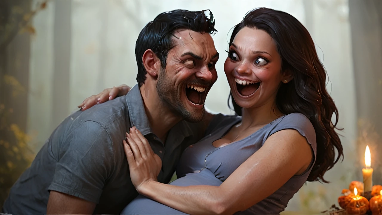 Happy pregnant woman with happy man hugging. A real demon watching.