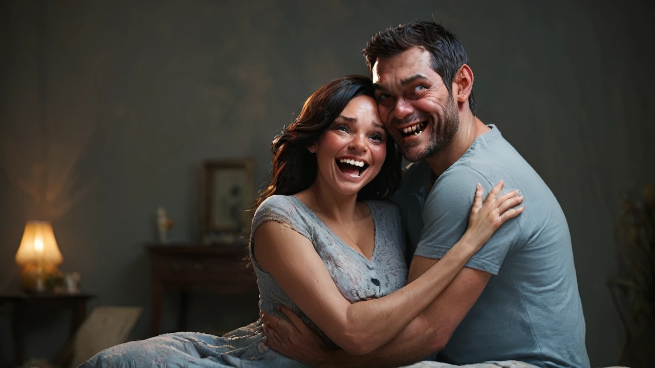 Happy pregnant woman with happy man hugging. A real demon watching.