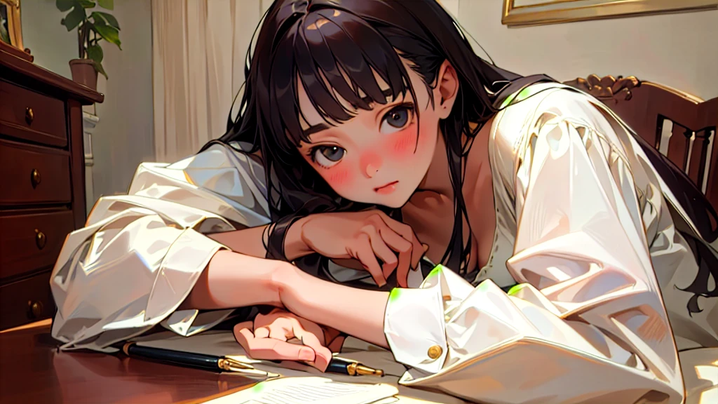 (Highest quality, masterpiece, Ultra-realistic), Beautiful and delicate15Year-old girl portrait, With a calm and gentle expression, The background is the bedroom in my own home.、I am studying hard at my desk.、Holding a pen、Cute clothes、Bust is C cup
