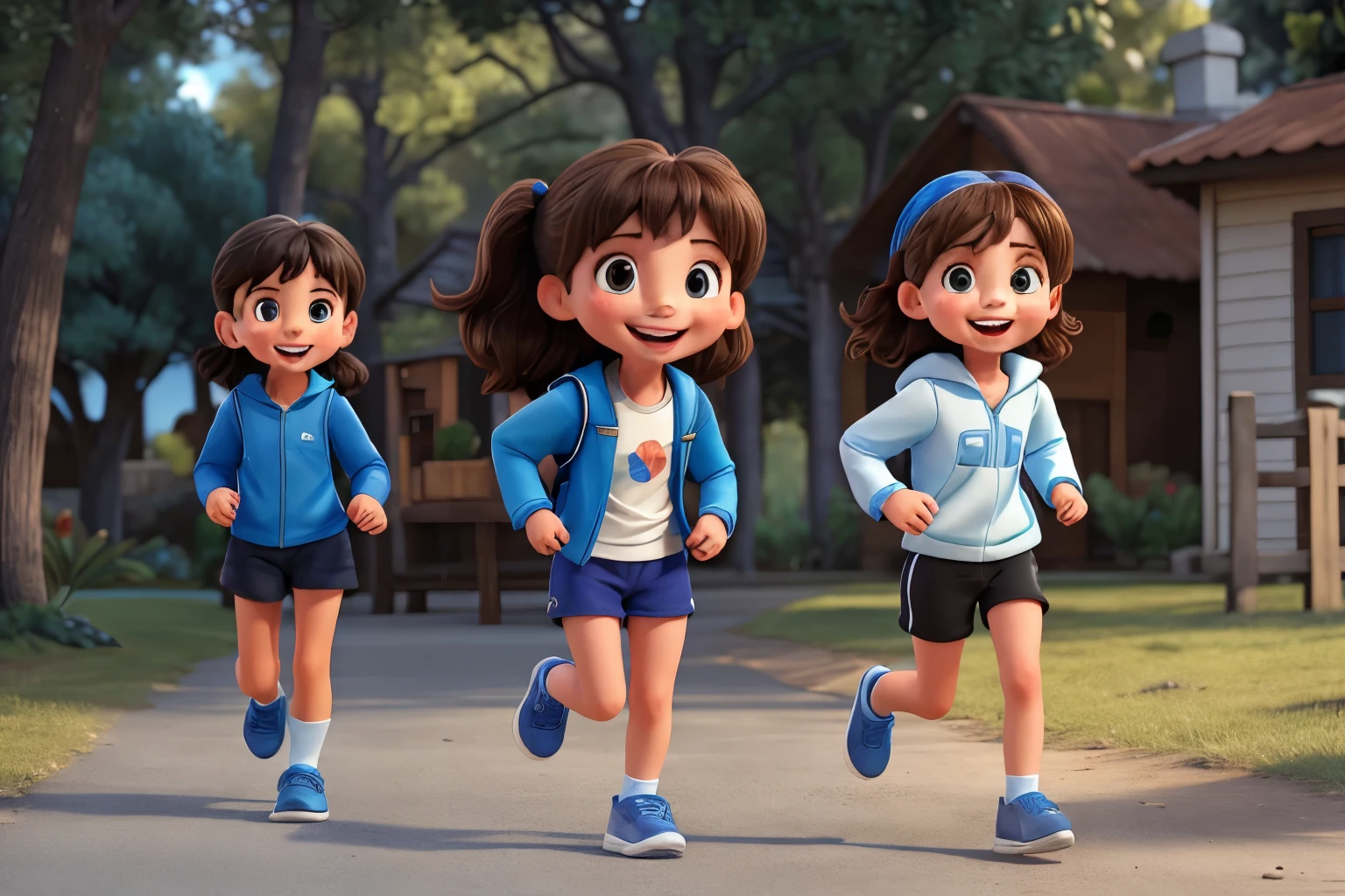 DRINKS 4-year-old BRUNETTE WOMAN running FAST, smiling with open mouth in blue shorts , white shirt,dark blue coat long sleeve black sneakers, with backpack on his back