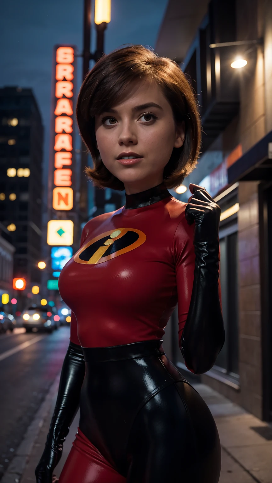 Masterpiece, (photorealistic1.4),Best quality, (solo), (1girl on night street)), (epiCRealLife), (lora:epiCFlashPhoto), (photorealistic1.4), (night scene), (night sky), (Helen Parr latex costume), (dakojohnold ), (dakojohnold),  black elbow gloves), (black thighhigh), (Helen Parr bodysuit), (helen parr thighhigh) (helen parr short hair), (Helen Parr hairstyle), (outside patio), (1girl), (look at viewer), (demure), (close up), (spot light), (flashphoto), (night time), (at night), (cowboy shots), (upper body shot), (from front), (new york night street), (neon signs), (from front), (pose for pictures), 