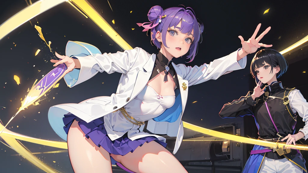 Top Quality, 8K, 4K, High Definition, Detail, (better-quality, 8K, 12), top-quality, 1 girl、purple short bob hair clip tied into a bun、black eyes、small breasts、uniform、gray jacket with pink line、blue skirt、 fingerless gloves、thighs、Ilcha fousing on her, surprise face, having her handon her face, making cute expressing face. picture pose, she is standing up, she has a loil pop in her mouth, she up close only showing her wraist and up.