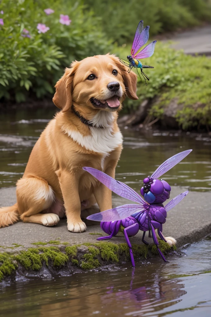 A caramel dog and a purple dragonfly on a riverbank