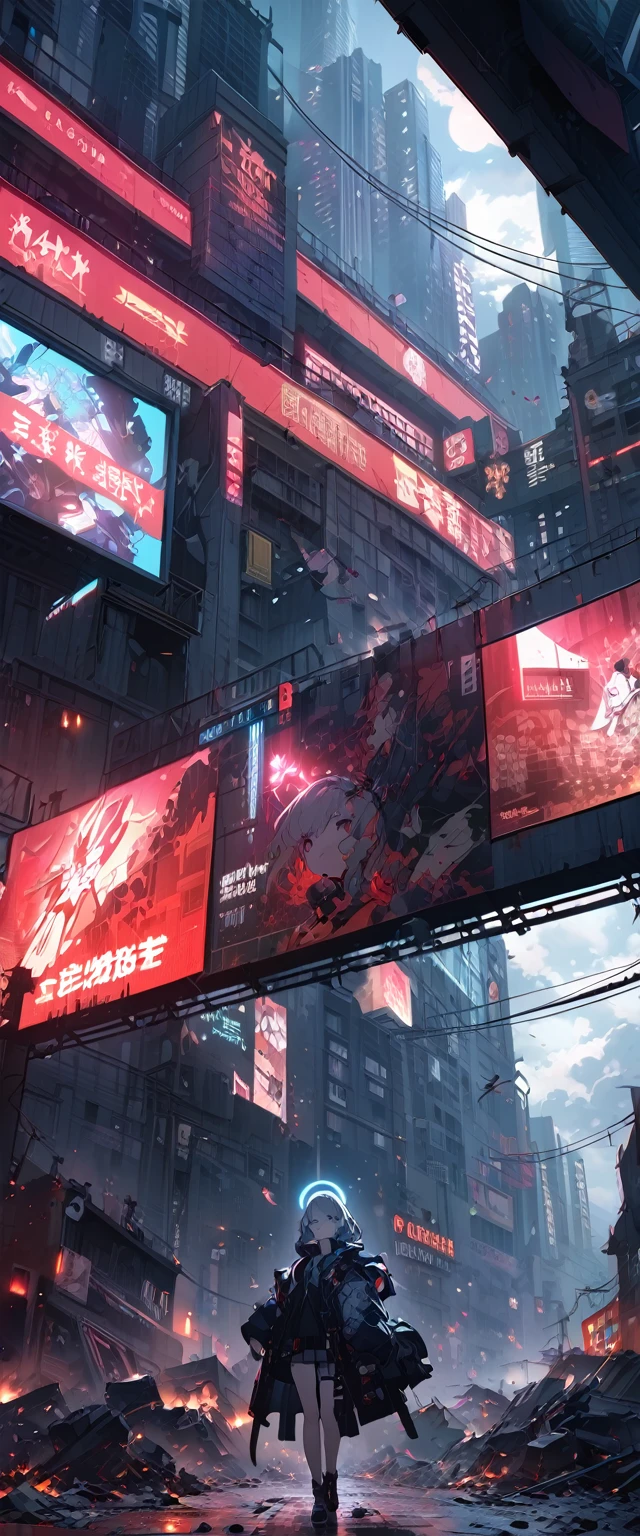 1girl, blue archive, cityscape, apocalyptic, red_sky, debris, billboards, japanese_text, anime_style, dramatic_lighting, urban, chaos, vibrant_colors, night, neon_signs, destruction, wide_shot, cloud_fragments, floating_debris, ominous_atmosphere, digital_art, official art, ((very aesthetic, best quality, ultra detailed)), vector art