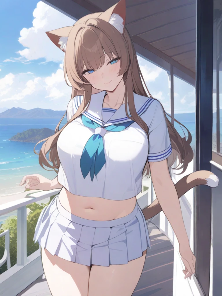 masterpiece, best quality, high quality, beautiful anime character, solo, anime girl with brown hair, soft hair, long hair, blue eyes, cat ears, big breasts, mature female, tall female, big girl, thick, (calming face, light smile, loving eyes), outdoors, (sailor uniform, pleated skirt, ribbon), short sleeves, cat tail, navel, legs, 