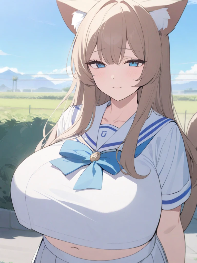 masterpiece, best quality, high quality, beautiful anime character, solo, anime girl with brown hair, soft hair, long hair, blue eyes, cat ears, , mature femall female, big girl, thick, (calming face, light smile, loving eyes), outdoors, (sailor uniform, pleated skirt, ribbon), short sleeves, cat tail, navel, legs,