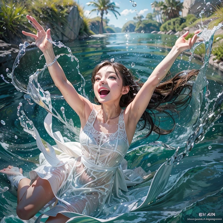 (8K TopQuality masterpiece: 1.2)(Realistic ProfessionalPhoto:1.37), VolumetricLighting. Tiny Girls, girl jumping into the water、Falling、splash water、shout、Luminous water surface、White and Bright colors, back lighting, Radiant PearlSkin, sparkling highlights, Detailed KAWAII face with cute lips, long eyelashes, Delicate clothes, Detailed open crotch