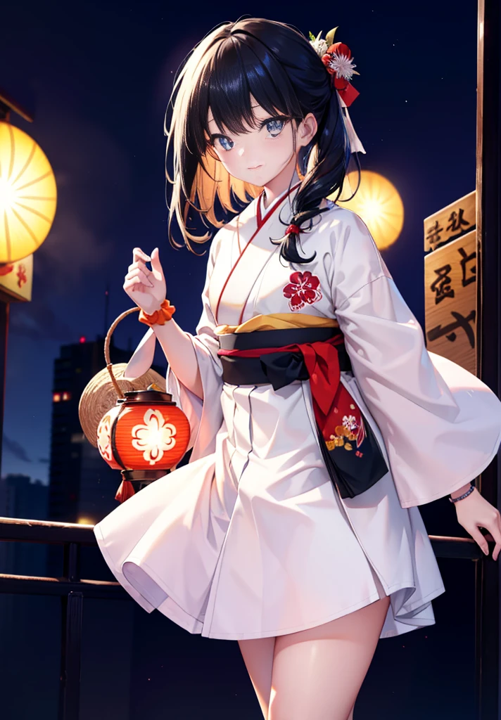 Takada Rokka, Black Hair, blue eyes, Long Hair, orange Scrunchie, Scrunchie, wrist Scrunchie, single hair band,White Kimono,White long skirt,Thick sleeves,Sandals,日本のfestival,夏festivalの屋台,Red lantern,happy smile, smile, Open your mouth,Fireworks,The place is a fireworks display、Time is night,Walking,whole bodyがイラストに入るように,
break outdoors, festival,
break looking at viewer, whole body,(Cowboy Shot:1. 5),
break (masterpiece:1.2), Highest quality, High resolution, unity 8k wallpaper, (shape:0.8), (Fine and beautiful eyes:1.6), Highly detailed face, Perfect lighting, Highly detailed CG, (Perfect hands, Perfect Anatomy),