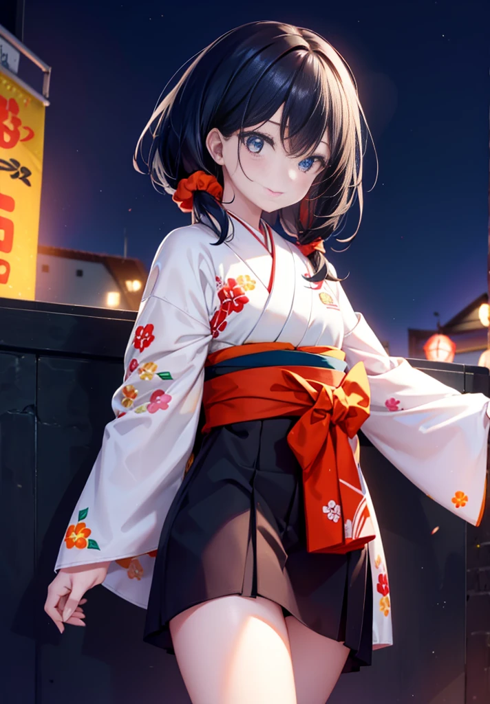 Takada Rokka, Black Hair, blue eyes, Long Hair, orange Scrunchie, Scrunchie, wrist Scrunchie, single hair band,White Kimono,White long skirt,Thick sleeves,Sandals,日本のfestival,夏festivalの屋台,Red lantern,happy smile, smile, Open your mouth,Fireworks,The place is a fireworks display、Time is night,Walking,whole bodyがイラストに入るように,
break outdoors, festival,
break looking at viewer, whole body,(Cowboy Shot:1. 5),
break (masterpiece:1.2), Highest quality, High resolution, unity 8k wallpaper, (shape:0.8), (Fine and beautiful eyes:1.6), Highly detailed face, Perfect lighting, Highly detailed CG, (Perfect hands, Perfect Anatomy),