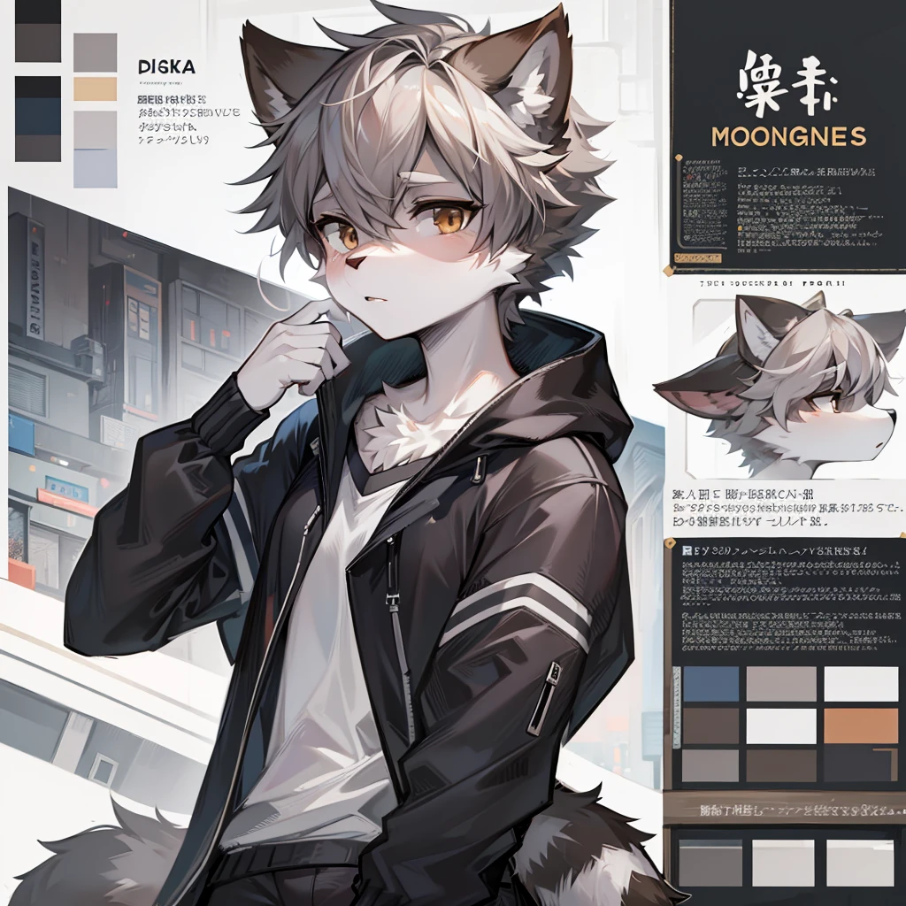 Full body female love,teen wolf,number,masterpiece，Grey down jacket,hairy tail,Highest image quality,8k,Full HD backgrounds，cartoon style，charming，Komono、Pantale，stuffed toys，hairy，grey fur，white body，white ears，brown eyes，the only person, raccoon tail, raccoon ears, ((broken into pieces)),soft lines，soft lines of clothing，night，risk love