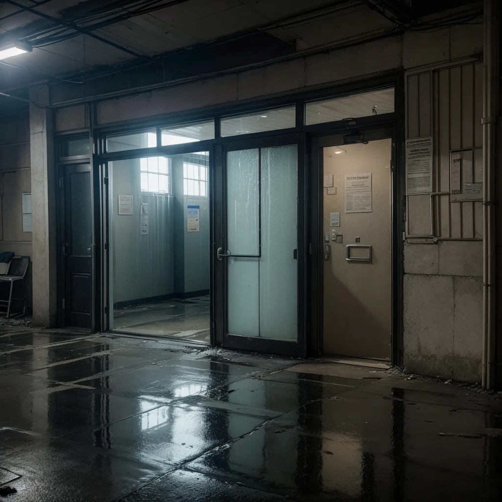 I imagine the front of a police station on a stormy, scary night. The police station is an old dark stone building, with small windows and iron bars. The facade is lit by a single dim, flickering streetlight, which casts ominous shadows over the surroundings. The rain falls heavily, creating shiny puddles on the worn asphalt of the street.
At the entrance to the police station, there is a lone police car, parked slightly crookedly as if it had been abandoned in a hurry. The car is covered in raindrops and reflects the dim lights of the streetlight, giving a feeling of desolation and abandonment. The light from the police station inside the building is dim, projecting a shadowy silhouette through the poorly drawn window curtains.
The walls of the police station are scarred from years of exposure to harsh weather and the wear and tear of time, with some areas peeling away and showing the gray concrete underneath. Faded 'Wanted' posters and community notices are tacked haphazardly to the exterior wall. The overall atmosphere conveys a sense of tension and mystery, as if something sinister is about to happen or has already occurred.