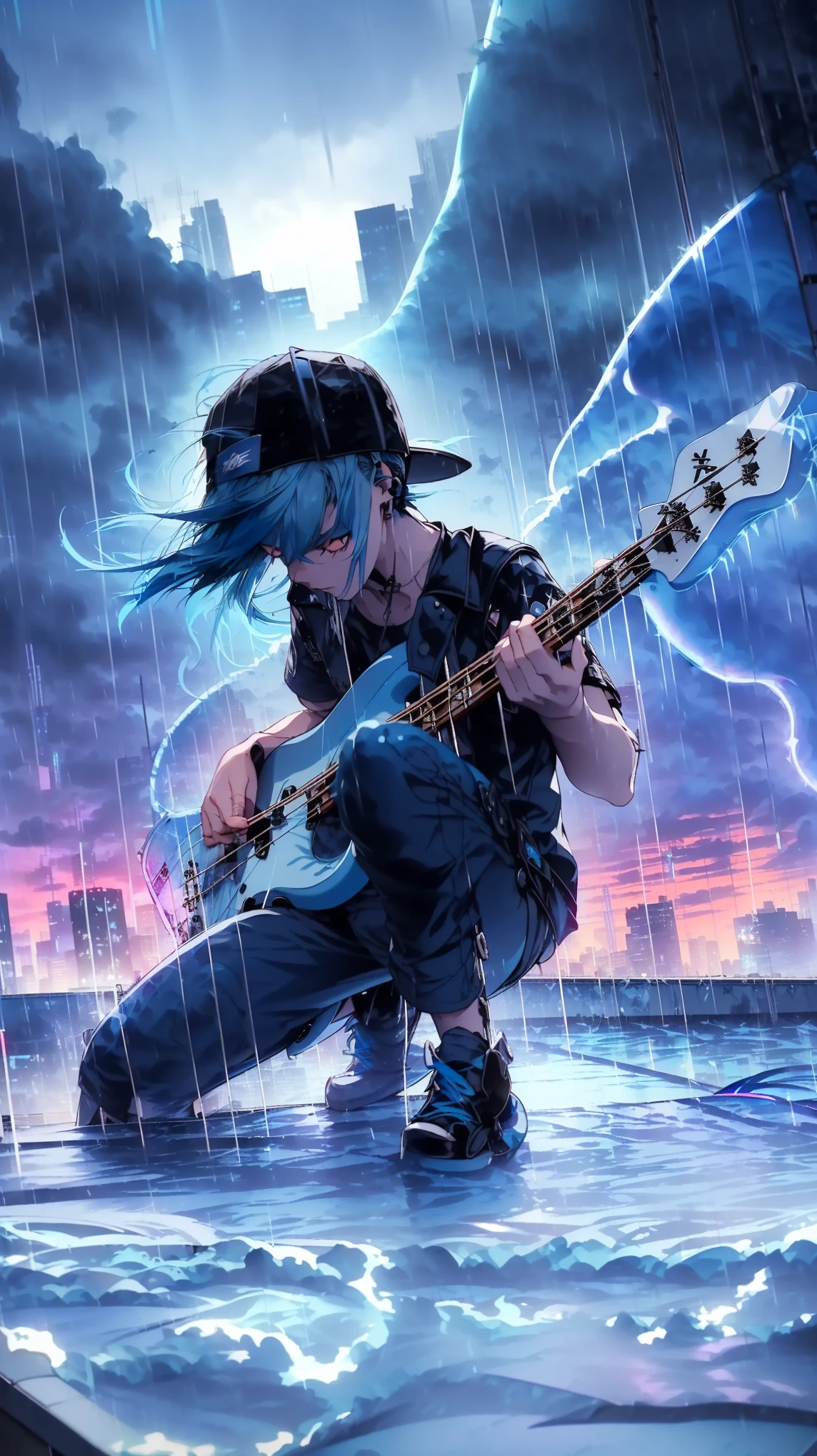 On a rooftop during a thunderstorm, the solo teenager defies the elements. ((Their blue hair whips around as they play a bass guitar):1.5), rain-soaked and determined. The black cap shields their eyes, and their casual black clothes cling to their skin. Lightning illuminates the chaotic background of storm clouds and distant skyscrapers