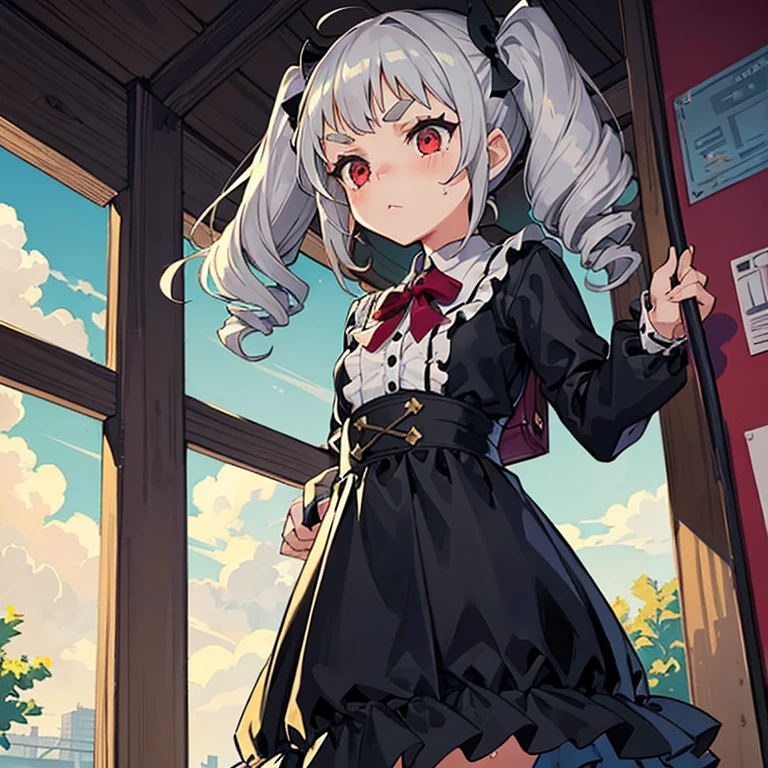 Young girl with grey hair, ((fringed and curly hair)),((curly short twintail)), curly hair ,(red eyes),, ((small bushy eyebrows)), wearing gothic lolita clothing, lolicon , walking to school, bored look, bored face, , lifting her skirt to show her vagina wet with semen, having sex