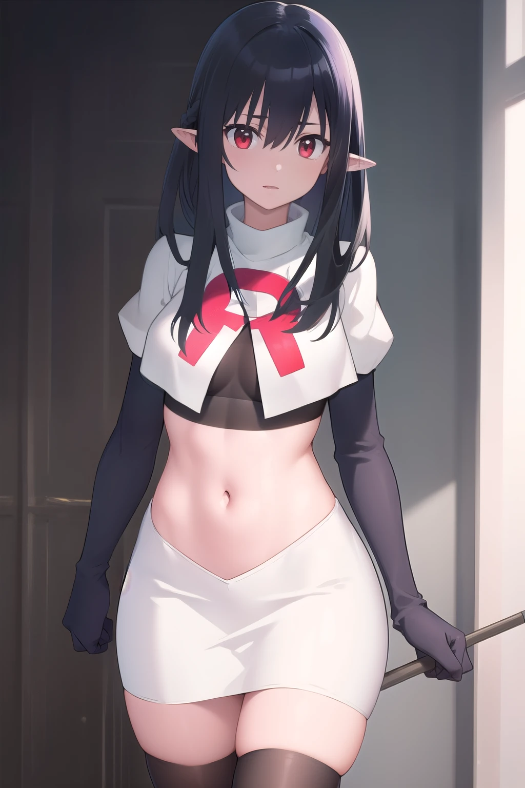 ((masterpiece)),(best quality),official art,extremely detailed CG,unity 8k wallpaper,ultra detailed,1girl,solo,black_hair,pointy_ears,long_hair,red_eyes,looking_at_viewer,bangs,hair_between_eyes,team rocket,team rocket uniform,white skirt,red letter R,crop top,black thigh-highs,black elbow gloves