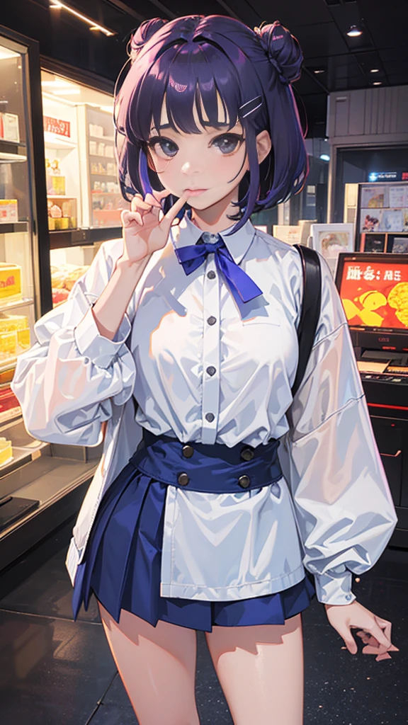 Top Quality, 8K, 4K, High Definition, Detail, (better-quality, 8K, 12), top-quality, 1 girl、purple short bob hair clip tied into a bun、black eyes、small breasts、uniform、gray jacket with pink line、blue skirt、 fingerless gloves、thighs、Ilcha fousing on her, surprise face, having her handon her face, making cute expressing face. picture pose, she is standing up, she has a loil pop in her mouth, she up close only showing her wraist and up.
