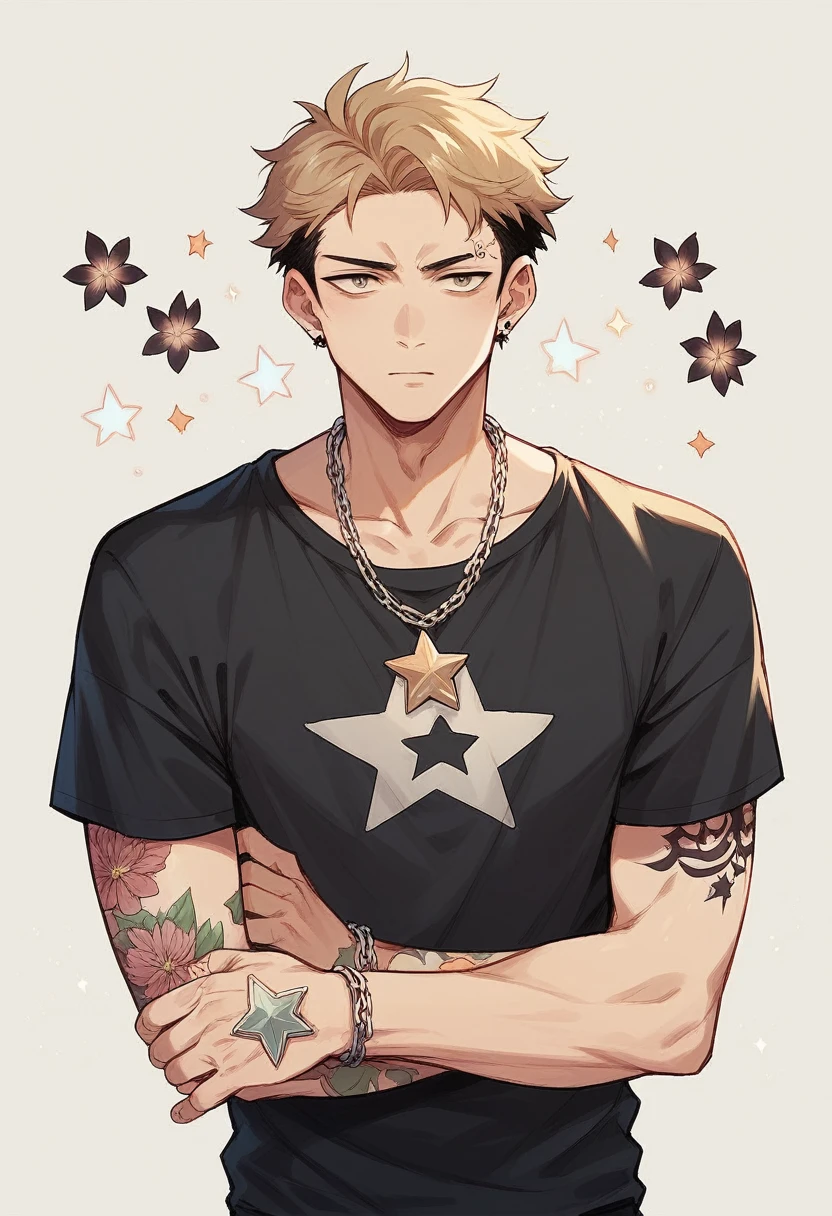 Boy shoulder length hair in layers, eyebrow hair, low star t-shirt, flower arm tattoo, with a chain and a pearl necklace